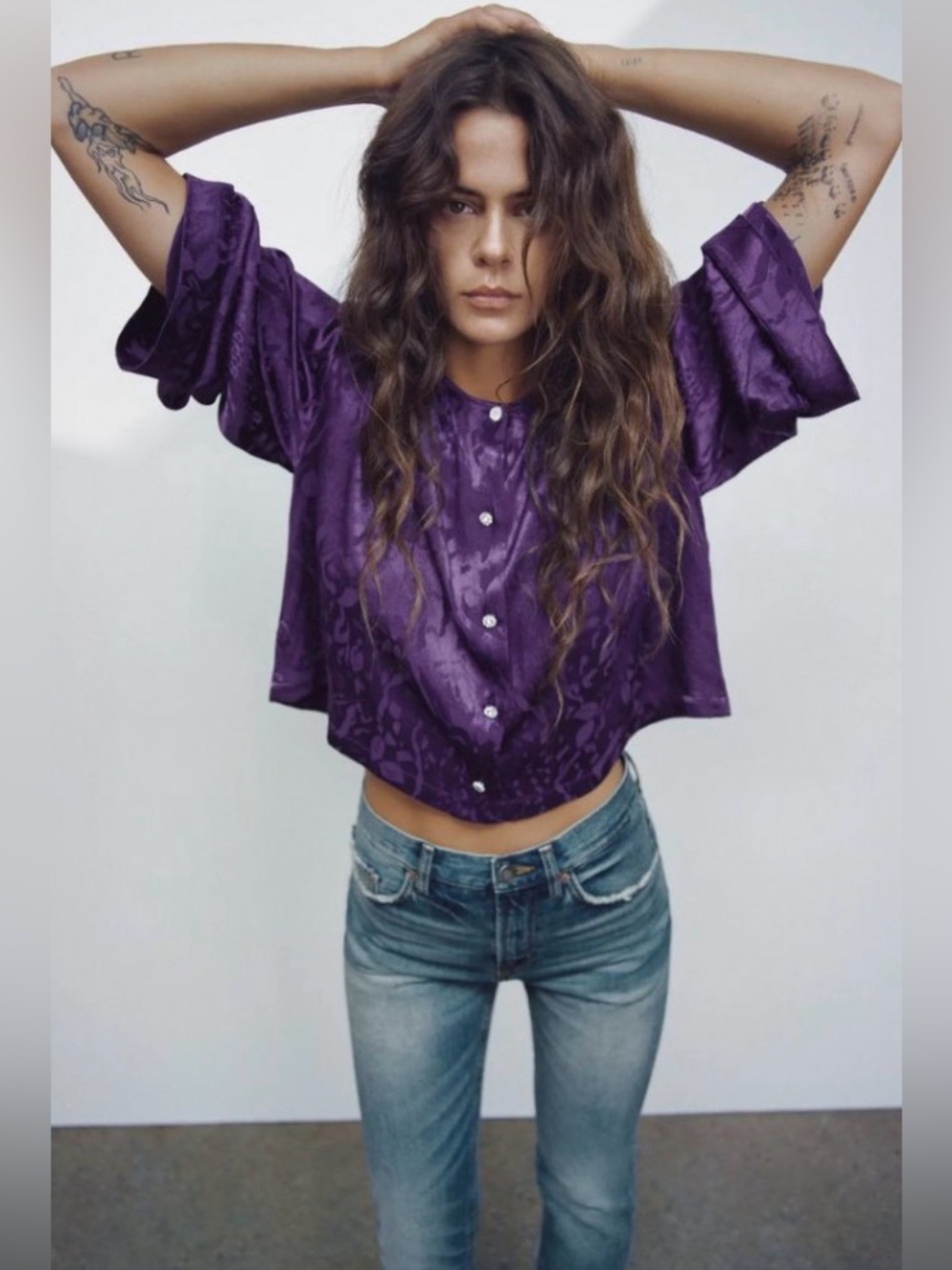 NWT ZARA Purple Jacquard Long Sleeve Blouse - Medium